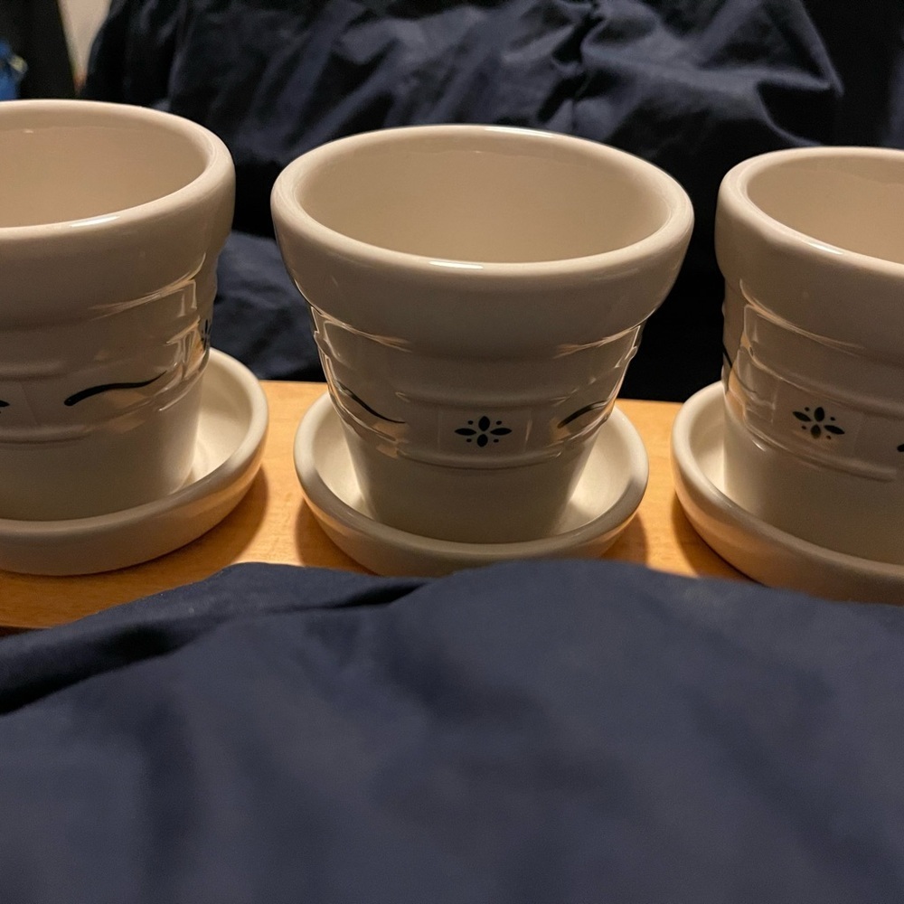 Longaberger Woven Traditions Blue Set of 3 Flowerpots with Wood Tray
